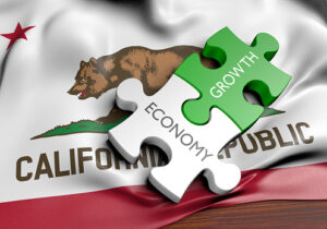 3D render of two puzzles pieces with the words "economy" and "growth" lying on top of the flag of California.